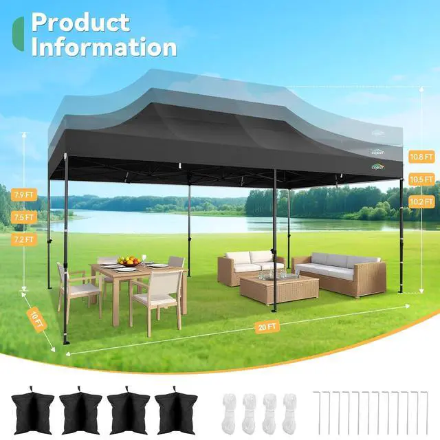 Alt view image 3 of 5 - 10x20 Heavy Duty Pop Up Canopy Tent with 6 Sidewalls Thicken Frame, Commercial Easy Up Outdoor Wedding Party Tents, All Season Waterproof Windproof with Stakes Sandbags Ropes Roller Bag, Black
