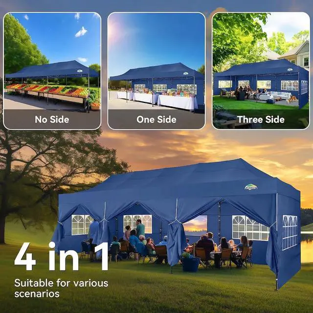 Main image of 10x30 Heavy Duty Pop Up Canopy Tent with 8 Sidewalls Thicken Frame, Commercial Easy Up Outdoor Wedding Party Tents, All Season Waterproof Windproof with Stakes Sandbags Roller Bag, Dark Blue