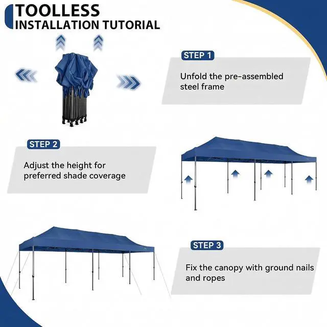 Alt view image 4 of 6 - 10x30 Heavy Duty Pop Up Canopy Tent with 8 Sidewalls Thicken Frame, Commercial Easy Up Outdoor Wedding Party Tents, All Season Waterproof Windproof with Stakes Sandbags Roller Bag, Dark Blue