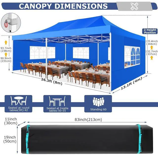 Alt view image 3 of 6 - 13x26 Heavy Duty Pop Up Canopy Tent with 6 Sidewalls Thicken Frame, Commercial Easy Up Outdoor Wedding Party Tents, All Season Waterproof Windproof with Stakes Sandbags Ropes Roller Bag, Blue