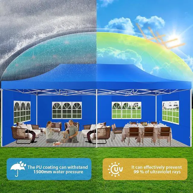 Alt view image 4 of 6 - 13x26 Heavy Duty Pop Up Canopy Tent with 6 Sidewalls Thicken Frame, Commercial Easy Up Outdoor Wedding Party Tents, All Season Waterproof Windproof with Stakes Sandbags Ropes Roller Bag, Blue