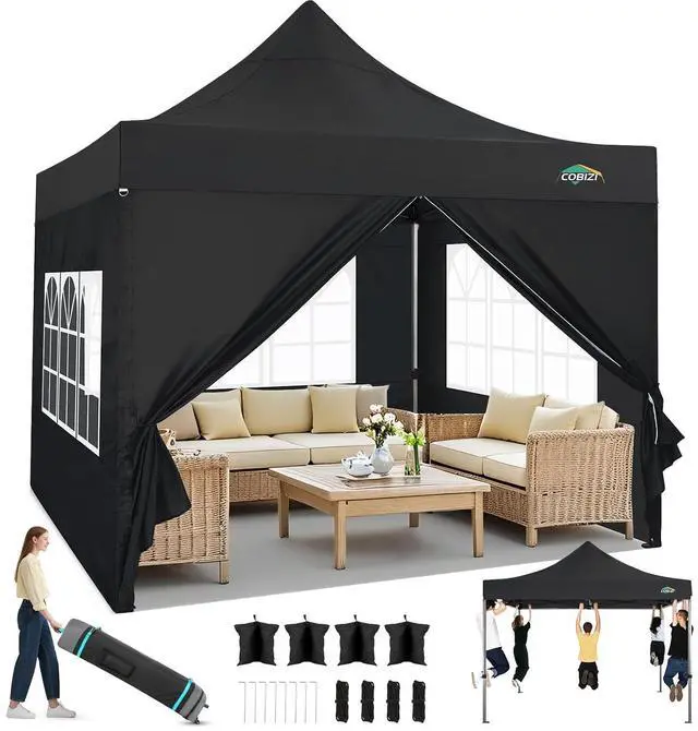 Main image of 10x10 Heavy Duty Pop Up Canopy Tent with 4 Sidewalls Thicken Frame, Commercial Easy Up Outdoor Wedding Party Tents, All Season Waterproof Windproof with Stakes Sandbags Ropes Roller Bag, Black