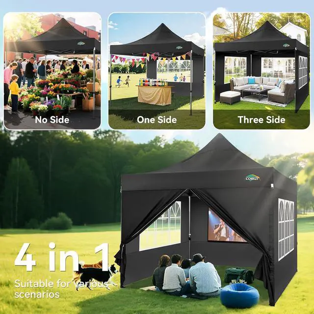 Alt view image 2 of 7 - 10x10 Heavy Duty Pop Up Canopy Tent with 4 Sidewalls Thicken Frame, Commercial Easy Up Outdoor Wedding Party Tents, All Season Waterproof Windproof with Stakes Sandbags Ropes Roller Bag, Black