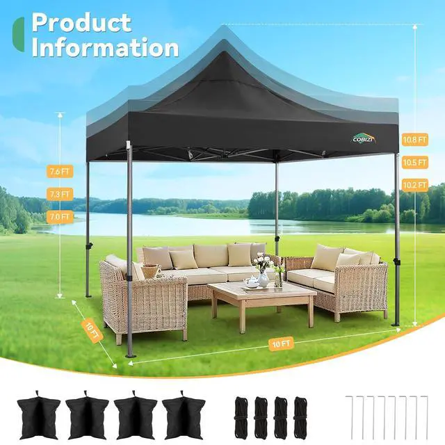 Alt view image 3 of 7 - 10x10 Heavy Duty Pop Up Canopy Tent with 4 Sidewalls Thicken Frame, Commercial Easy Up Outdoor Wedding Party Tents, All Season Waterproof Windproof with Stakes Sandbags Ropes Roller Bag, Black