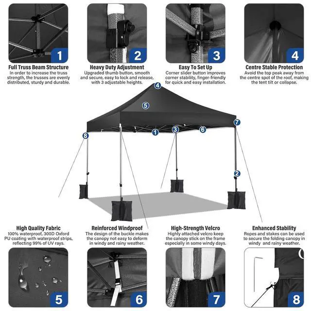 Alt view image 4 of 7 - 10x10 Heavy Duty Pop Up Canopy Tent with 4 Sidewalls Thicken Frame, Commercial Easy Up Outdoor Wedding Party Tents, All Season Waterproof Windproof with Stakes Sandbags Ropes Roller Bag, Black