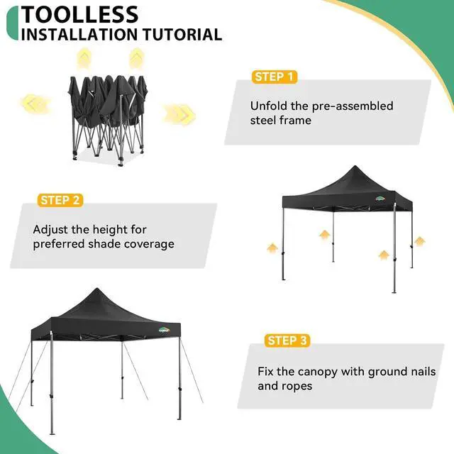 Alt view image 5 of 7 - 10x10 Heavy Duty Pop Up Canopy Tent with 4 Sidewalls Thicken Frame, Commercial Easy Up Outdoor Wedding Party Tents, All Season Waterproof Windproof with Stakes Sandbags Ropes Roller Bag, Black