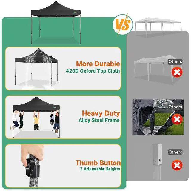 Alt view image 7 of 7 - 10x10 Heavy Duty Pop Up Canopy Tent with 4 Sidewalls Thicken Frame, Commercial Easy Up Outdoor Wedding Party Tents, All Season Waterproof Windproof with Stakes Sandbags Ropes Roller Bag, Black