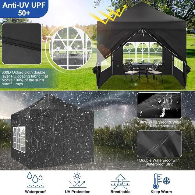 Alt view image 6 of 7 - 10x10 Heavy Duty Pop Up Canopy Tent with 4 Sidewalls Thicken Frame, Commercial Easy Up Outdoor Wedding Party Tents, All Season Waterproof Windproof with Stakes Sandbags Ropes Roller Bag, Black