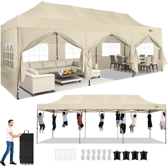 Main image of 10x30 Heavy Duty Pop Up Canopy Tent with 8 Sidewalls Thicken Frame, Commercial Easy Up Outdoor Wedding Party Tents, All Season Waterproof Windproof with Stakes Sandbags Ropes Roller Bag, Khaki
