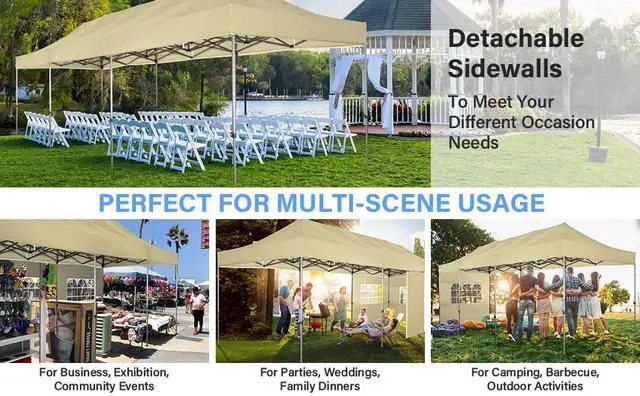 Alt view image 4 of 5 - 10x30 Heavy Duty Pop Up Canopy Tent with 8 Sidewalls Thicken Frame, Commercial Easy Up Outdoor Wedding Party Tents, All Season Waterproof Windproof with Stakes Sandbags Ropes Roller Bag, Khaki