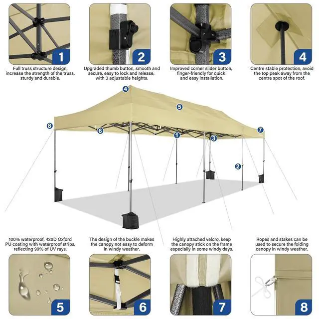 Alt view image 2 of 5 - 10x30 Heavy Duty Pop Up Canopy Tent with 8 Sidewalls Thicken Frame, Commercial Easy Up Outdoor Wedding Party Tents, All Season Waterproof Windproof with Stakes Sandbags Ropes Roller Bag, Khaki