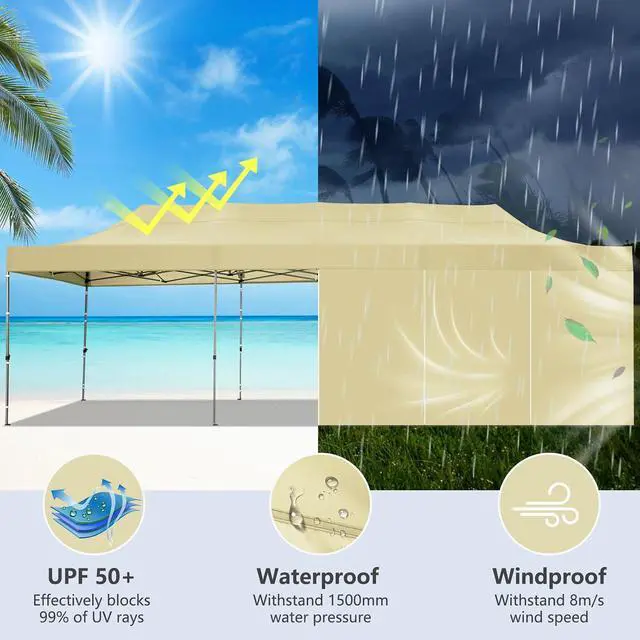 Alt view image 3 of 5 - 10x30 Heavy Duty Pop Up Canopy Tent with 8 Sidewalls Thicken Frame, Commercial Easy Up Outdoor Wedding Party Tents, All Season Waterproof Windproof with Stakes Sandbags Ropes Roller Bag, Khaki
