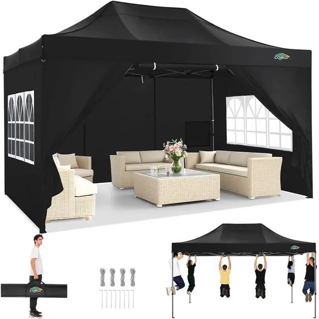 Main image of 10x15 Heavy Duty Pop Up Canopy Tent with 4 Sidewalls Thicken Frame, Commercial Easy Up Outdoor Wedding Party Tents, All Season Waterproof Windproof with Stakes Sandbags Ropes Bag, Black