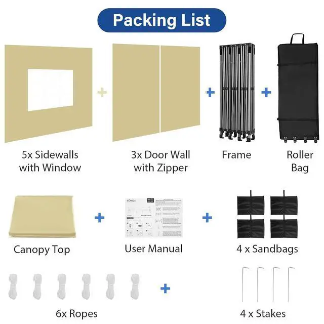 Alt view image 5 of 5 - 10x30 Heavy Duty Pop Up Canopy Tent with 8 Sidewalls Thicken Frame, Commercial Easy Up Outdoor Wedding Party Tents, All Season Waterproof Windproof with Stakes Sandbags Ropes Roller Bag, Khaki