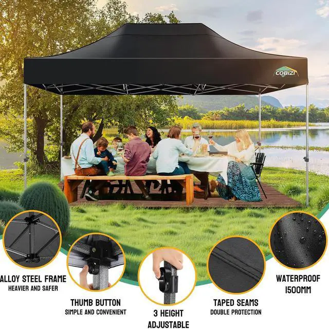 Alt view image 4 of 7 - 10x15 Heavy Duty Pop Up Canopy Tent with 4 Sidewalls Thicken Frame, Commercial Easy Up Outdoor Wedding Party Tents, All Season Waterproof Windproof with Stakes Sandbags Ropes Bag, Black