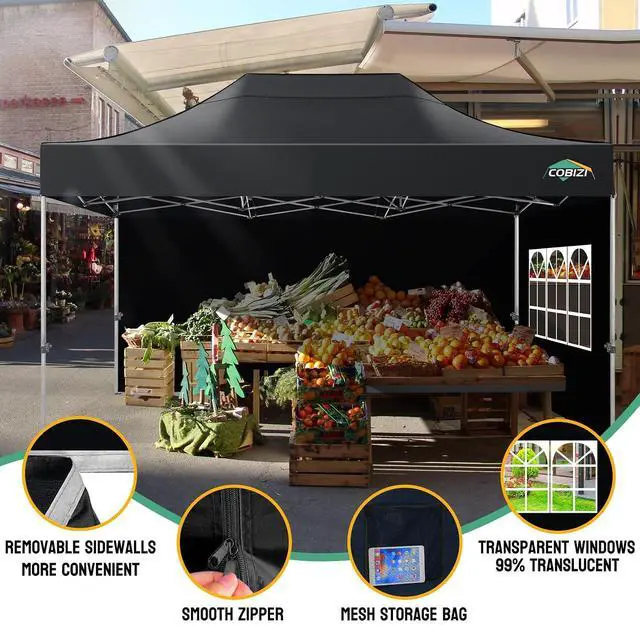 Alt view image 5 of 7 - 10x15 Heavy Duty Pop Up Canopy Tent with 4 Sidewalls Thicken Frame, Commercial Easy Up Outdoor Wedding Party Tents, All Season Waterproof Windproof with Stakes Sandbags Ropes Bag, Black