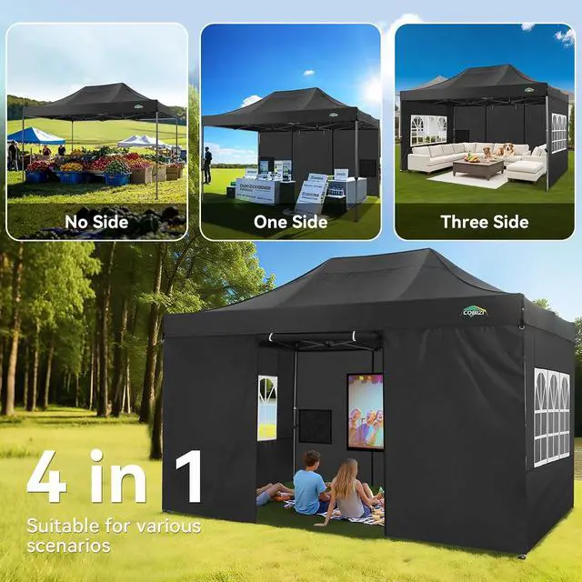 Alt view image 6 of 7 - 10x15 Heavy Duty Pop Up Canopy Tent with 4 Sidewalls Thicken Frame, Commercial Easy Up Outdoor Wedding Party Tents, All Season Waterproof Windproof with Stakes Sandbags Ropes Bag, Black