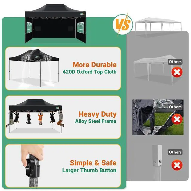 Alt view image 7 of 7 - 10x15 Heavy Duty Pop Up Canopy Tent with 4 Sidewalls Thicken Frame, Commercial Easy Up Outdoor Wedding Party Tents, All Season Waterproof Windproof with Stakes Sandbags Ropes Bag, Black