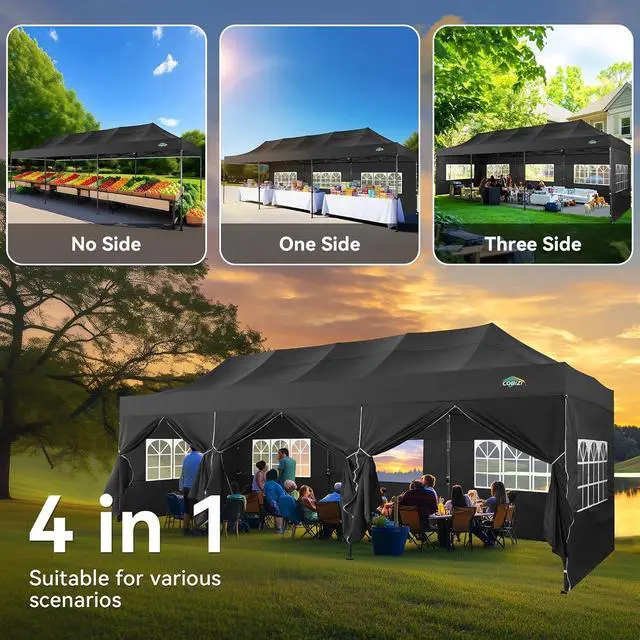 Alt view image 2 of 7 - 10x30 Heavy Duty Pop Up Canopy Tent with 8 Sidewalls Thicken Frame, Commercial Easy Up Outdoor Wedding Party Tents, All Season Waterproof Windproof with Stakes Sandbags Ropes Roller Bag, Black