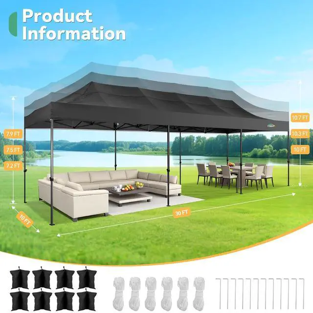 Alt view image 3 of 7 - 10x30 Heavy Duty Pop Up Canopy Tent with 8 Sidewalls Thicken Frame, Commercial Easy Up Outdoor Wedding Party Tents, All Season Waterproof Windproof with Stakes Sandbags Ropes Roller Bag, Black