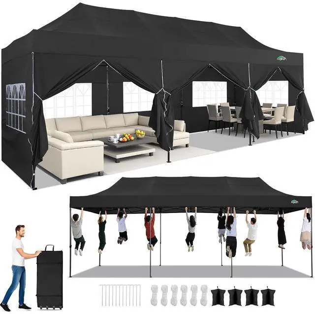 Main image of 10x30 Heavy Duty Pop Up Canopy Tent with 8 Sidewalls Thicken Frame, Commercial Easy Up Outdoor Wedding Party Tents, All Season Waterproof Windproof with Stakes Sandbags Ropes Roller Bag, Black
