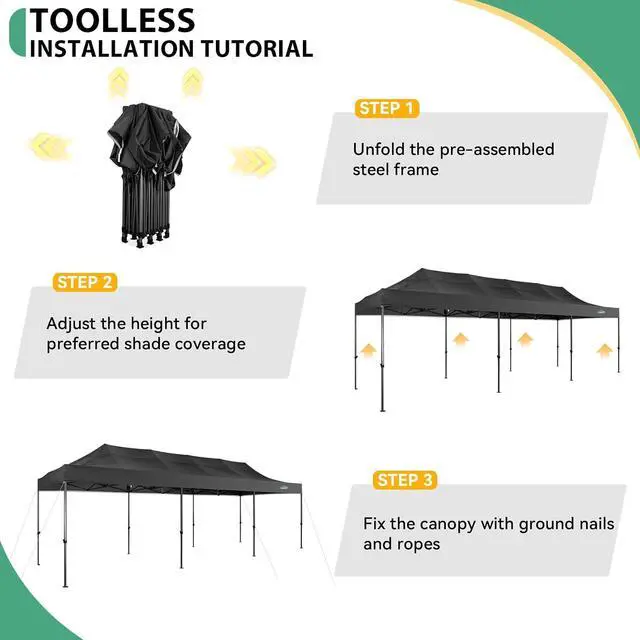 Alt view image 5 of 7 - 10x30 Heavy Duty Pop Up Canopy Tent with 8 Sidewalls Thicken Frame, Commercial Easy Up Outdoor Wedding Party Tents, All Season Waterproof Windproof with Stakes Sandbags Ropes Roller Bag, Black