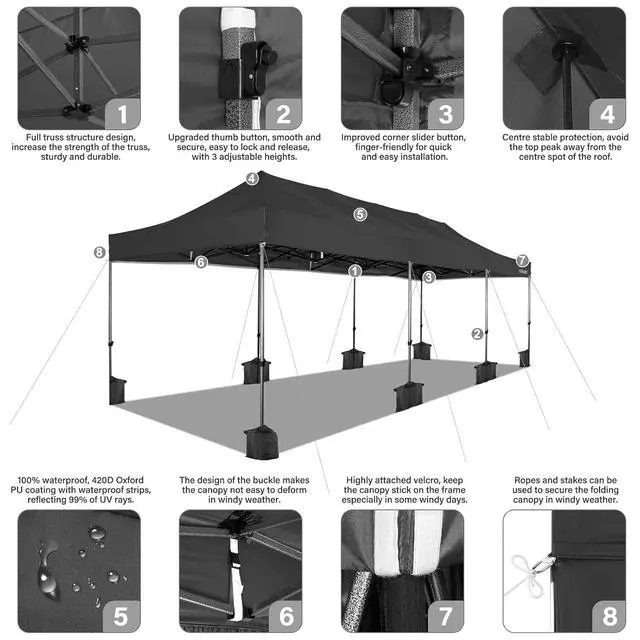 Alt view image 4 of 7 - 10x30 Heavy Duty Pop Up Canopy Tent with 8 Sidewalls Thicken Frame, Commercial Easy Up Outdoor Wedding Party Tents, All Season Waterproof Windproof with Stakes Sandbags Ropes Roller Bag, Black