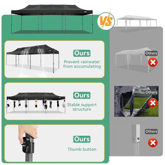Alt view image 7 of 7 - 10x30 Heavy Duty Pop Up Canopy Tent with 8 Sidewalls Thicken Frame, Commercial Easy Up Outdoor Wedding Party Tents, All Season Waterproof Windproof with Stakes Sandbags Ropes Roller Bag, Black
