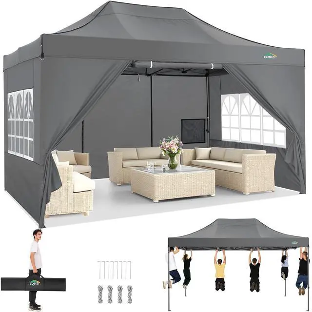 Main image of 10x15 Heavy Duty Pop Up Canopy Tent with 4 Sidewalls Thicken Frame, Commercial Easy Up Outdoor Wedding Party Tents, All Season Waterproof Windproof with Stakes Sandbags Ropes Bag, Gray