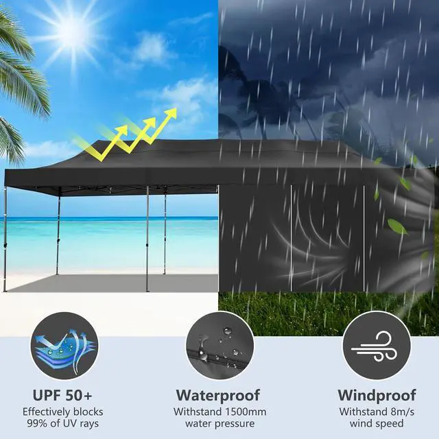 Alt view image 6 of 7 - 10x30 Heavy Duty Pop Up Canopy Tent with 8 Sidewalls Thicken Frame, Commercial Easy Up Outdoor Wedding Party Tents, All Season Waterproof Windproof with Stakes Sandbags Ropes Roller Bag, Black