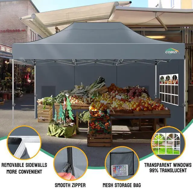 Alt view image 5 of 7 - 10x15 Heavy Duty Pop Up Canopy Tent with 4 Sidewalls Thicken Frame, Commercial Easy Up Outdoor Wedding Party Tents, All Season Waterproof Windproof with Stakes Sandbags Ropes Bag, Gray
