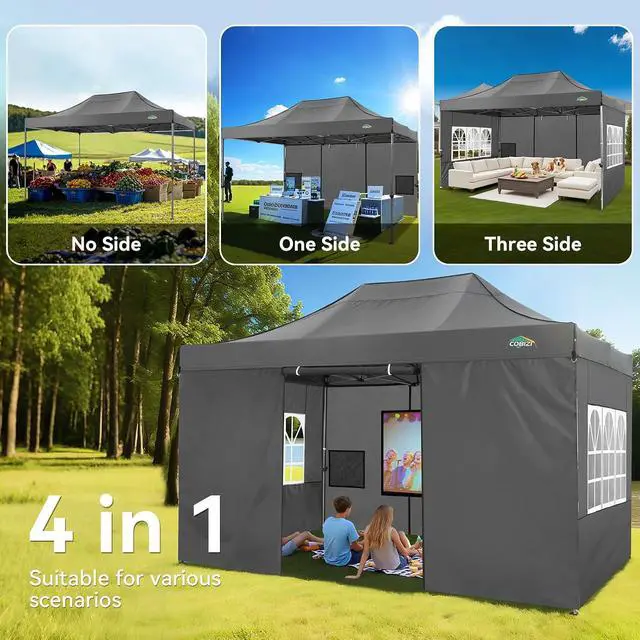 Alt view image 6 of 7 - 10x15 Heavy Duty Pop Up Canopy Tent with 4 Sidewalls Thicken Frame, Commercial Easy Up Outdoor Wedding Party Tents, All Season Waterproof Windproof with Stakes Sandbags Ropes Bag, Gray