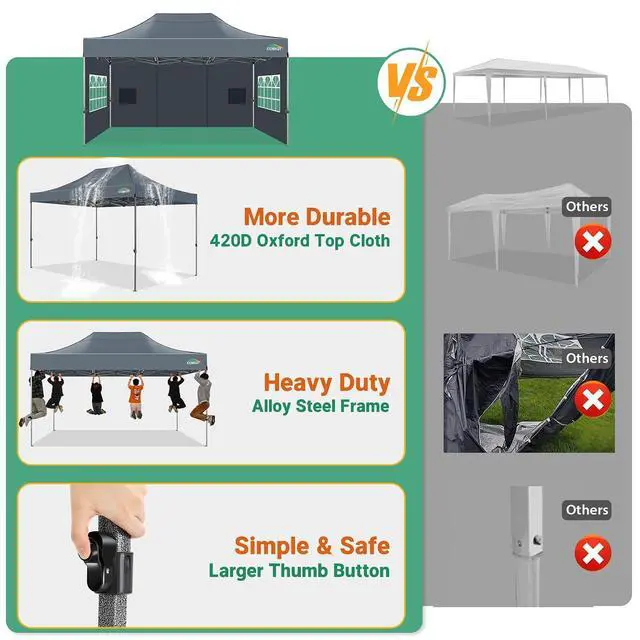 Alt view image 7 of 7 - 10x15 Heavy Duty Pop Up Canopy Tent with 4 Sidewalls Thicken Frame, Commercial Easy Up Outdoor Wedding Party Tents, All Season Waterproof Windproof with Stakes Sandbags Ropes Bag, Gray