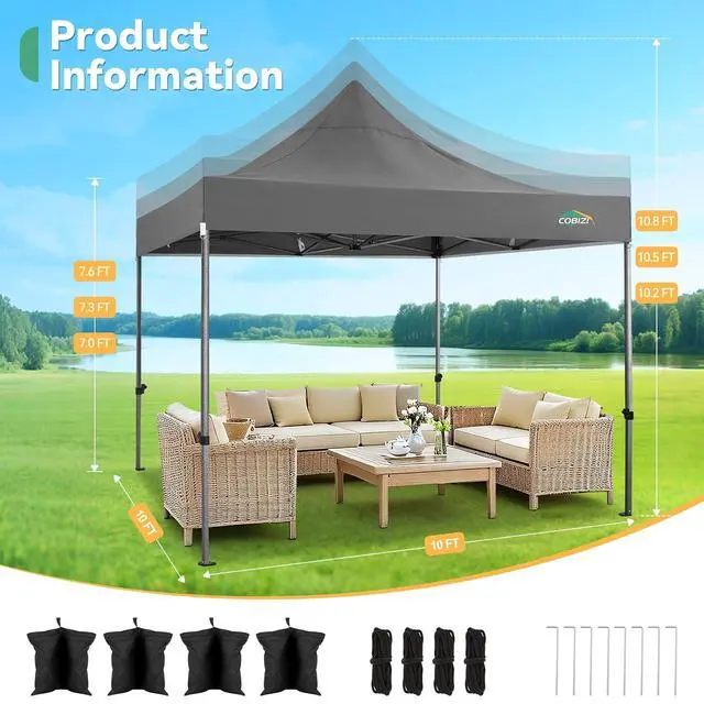 Alt view image 2 of 7 - 10x10 Heavy Duty Pop Up Canopy Tent with 4 Sidewalls Thicken Frame, Commercial Easy Up Outdoor Wedding Party Tents, All Season Waterproof Windproof with Stakes Sandbags Ropes Roller Bag, Gray