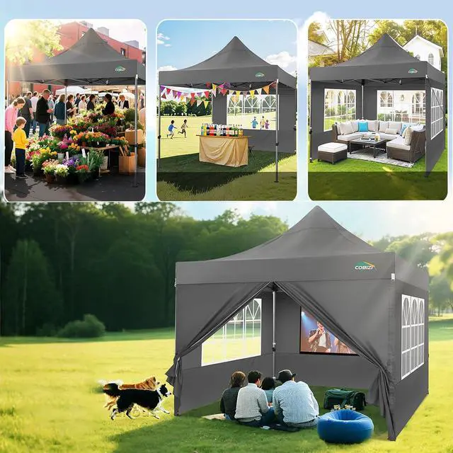 Alt view image 3 of 7 - 10x10 Heavy Duty Pop Up Canopy Tent with 4 Sidewalls Thicken Frame, Commercial Easy Up Outdoor Wedding Party Tents, All Season Waterproof Windproof with Stakes Sandbags Ropes Roller Bag, Gray