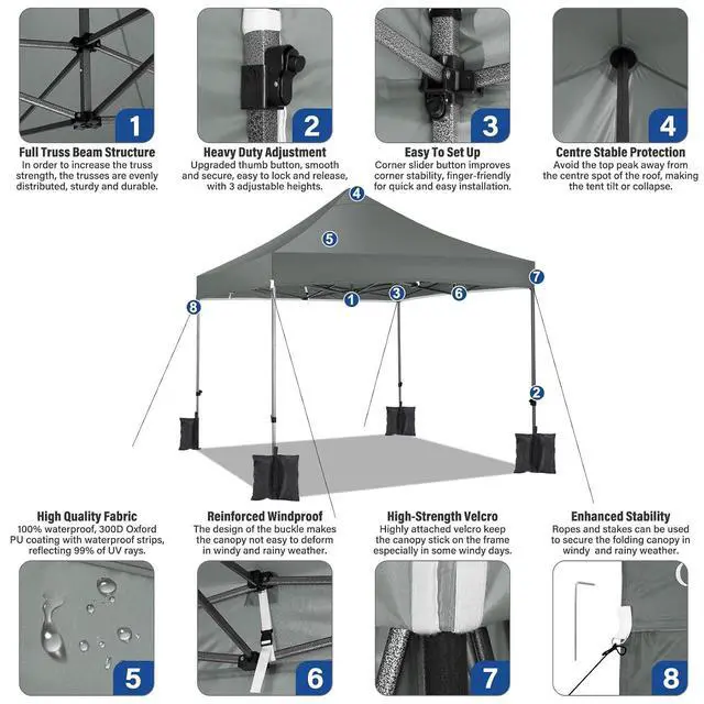 Alt view image 4 of 7 - 10x10 Heavy Duty Pop Up Canopy Tent with 4 Sidewalls Thicken Frame, Commercial Easy Up Outdoor Wedding Party Tents, All Season Waterproof Windproof with Stakes Sandbags Ropes Roller Bag, Gray