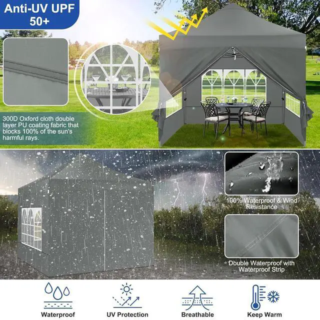 Alt view image 6 of 7 - 10x10 Heavy Duty Pop Up Canopy Tent with 4 Sidewalls Thicken Frame, Commercial Easy Up Outdoor Wedding Party Tents, All Season Waterproof Windproof with Stakes Sandbags Ropes Roller Bag, Gray