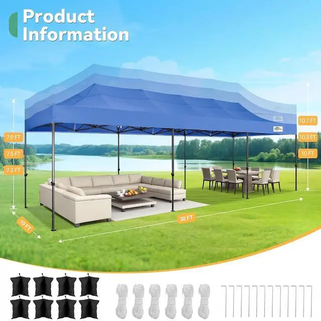 Alt view image 2 of 7 - 10x30 Heavy Duty Pop Up Canopy Tent with 8 Sidewalls Thicken Frame, Commercial Easy Up Outdoor Wedding Party Tents, All Season Waterproof Windproof with Stakes Sandbags Ropes Roller Bag, Blue