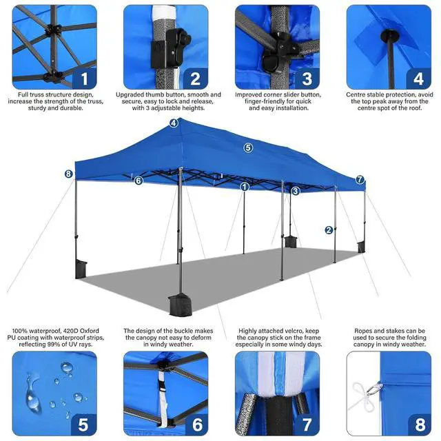 Alt view image 4 of 7 - 10x30 Heavy Duty Pop Up Canopy Tent with 8 Sidewalls Thicken Frame, Commercial Easy Up Outdoor Wedding Party Tents, All Season Waterproof Windproof with Stakes Sandbags Ropes Roller Bag, Blue