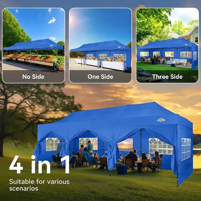 Alt view image 3 of 7 - 10x30 Heavy Duty Pop Up Canopy Tent with 8 Sidewalls Thicken Frame, Commercial Easy Up Outdoor Wedding Party Tents, All Season Waterproof Windproof with Stakes Sandbags Ropes Roller Bag, Blue