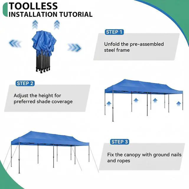 Alt view image 5 of 7 - 10x30 Heavy Duty Pop Up Canopy Tent with 8 Sidewalls Thicken Frame, Commercial Easy Up Outdoor Wedding Party Tents, All Season Waterproof Windproof with Stakes Sandbags Ropes Roller Bag, Blue