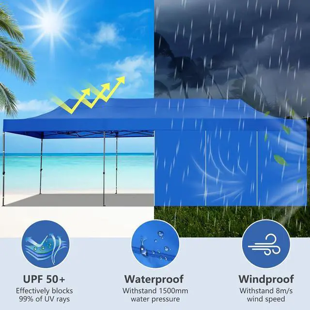 Alt view image 6 of 7 - 10x30 Heavy Duty Pop Up Canopy Tent with 8 Sidewalls Thicken Frame, Commercial Easy Up Outdoor Wedding Party Tents, All Season Waterproof Windproof with Stakes Sandbags Ropes Roller Bag, Blue