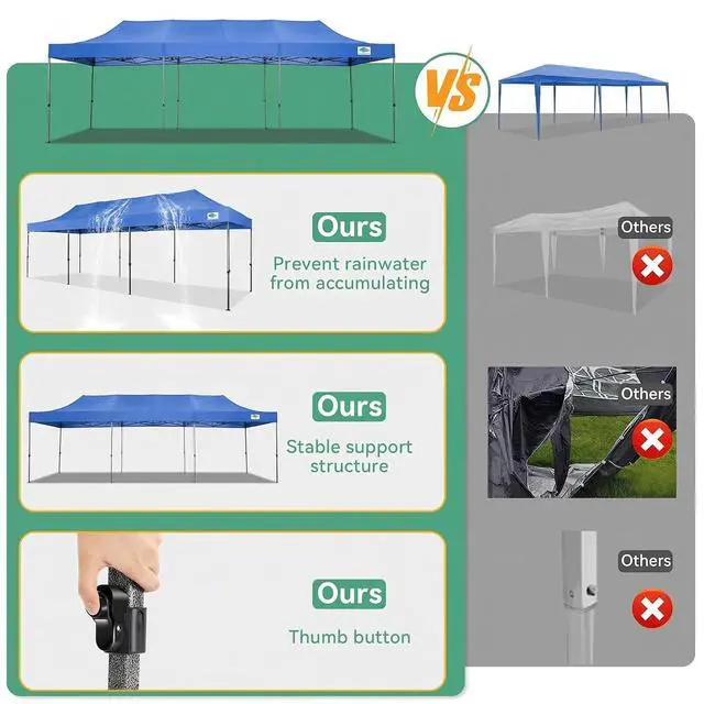Alt view image 7 of 7 - 10x30 Heavy Duty Pop Up Canopy Tent with 8 Sidewalls Thicken Frame, Commercial Easy Up Outdoor Wedding Party Tents, All Season Waterproof Windproof with Stakes Sandbags Ropes Roller Bag, Blue