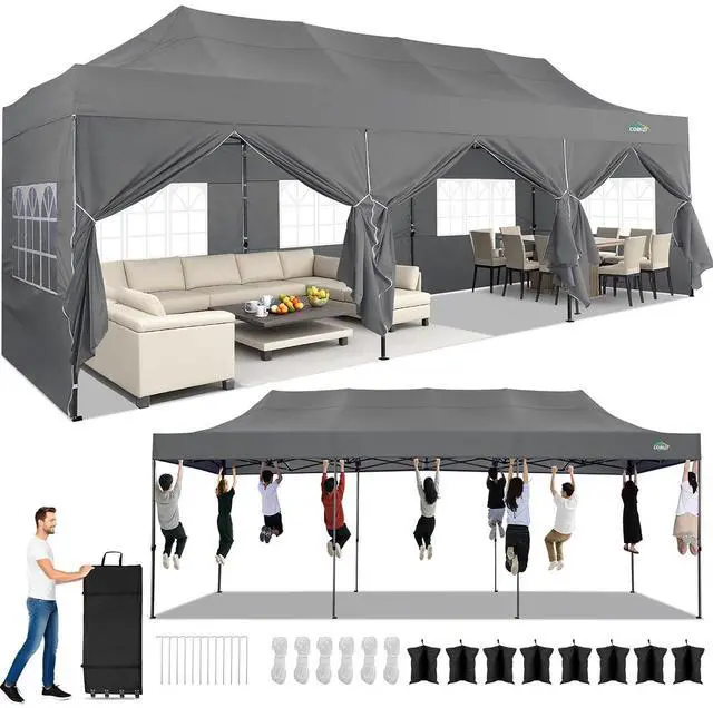 Main image of 10x30 Heavy Duty Pop Up Canopy Tent with 8 Sidewalls Thicken Frame, Commercial Easy Up Outdoor Wedding Party Tents, All Season Waterproof Windproof with Stakes Sandbags Ropes Roller Bag, Ash
