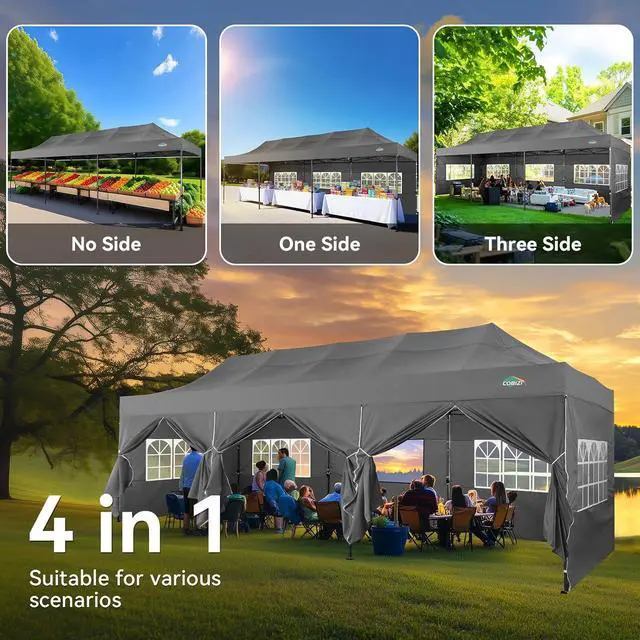 Alt view image 2 of 7 - 10x30 Heavy Duty Pop Up Canopy Tent with 8 Sidewalls Thicken Frame, Commercial Easy Up Outdoor Wedding Party Tents, All Season Waterproof Windproof with Stakes Sandbags Ropes Roller Bag, Ash