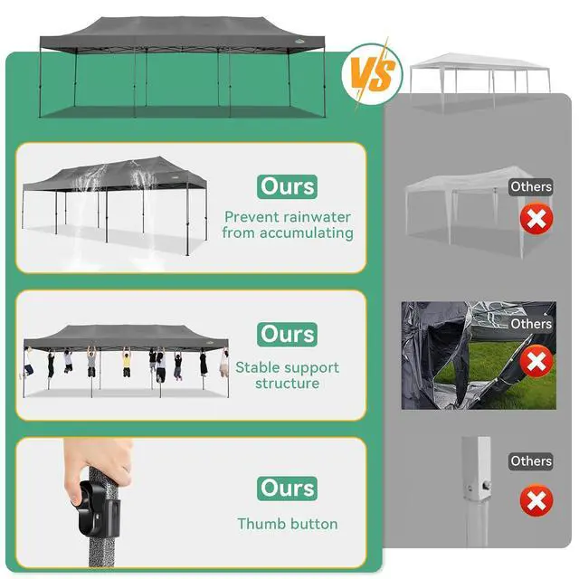 Alt view image 3 of 7 - 10x30 Heavy Duty Pop Up Canopy Tent with 8 Sidewalls Thicken Frame, Commercial Easy Up Outdoor Wedding Party Tents, All Season Waterproof Windproof with Stakes Sandbags Ropes Roller Bag, Ash