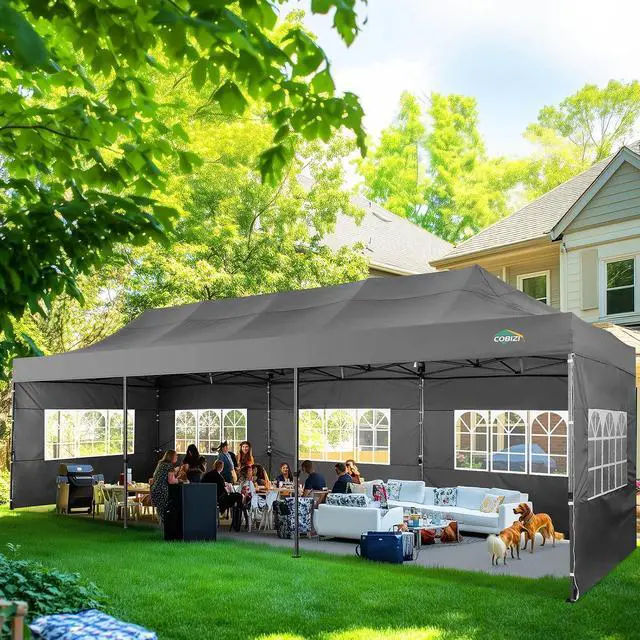 Alt view image 6 of 7 - 10x30 Heavy Duty Pop Up Canopy Tent with 8 Sidewalls Thicken Frame, Commercial Easy Up Outdoor Wedding Party Tents, All Season Waterproof Windproof with Stakes Sandbags Ropes Roller Bag, Ash