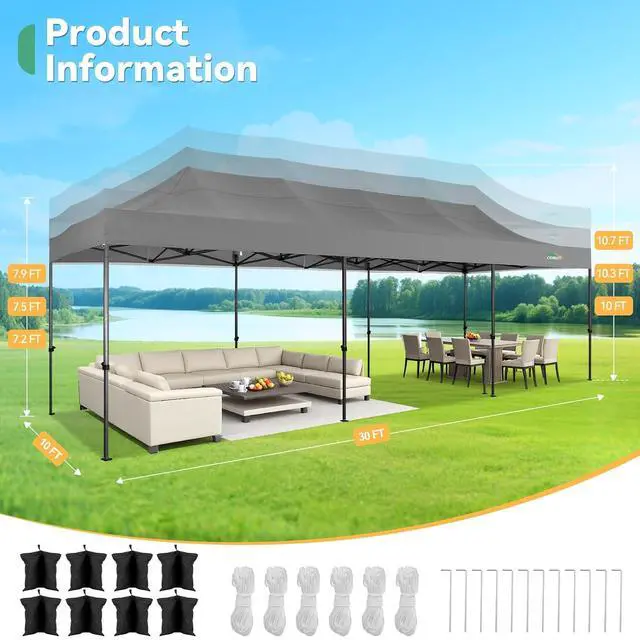 Alt view image 7 of 7 - 10x30 Heavy Duty Pop Up Canopy Tent with 8 Sidewalls Thicken Frame, Commercial Easy Up Outdoor Wedding Party Tents, All Season Waterproof Windproof with Stakes Sandbags Ropes Roller Bag, Ash