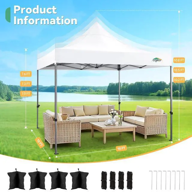 Alt view image 2 of 7 - 10x10 Pop up Canopy Tent Heavy Duty, Easy Set-up Commercial Outdoor Party Tent, 100% Waterproof Wedding Tents Gazebo, 3 Height Adjustable with Wheeled Bag, White