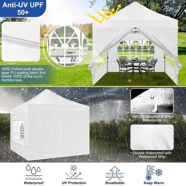 Alt view image 6 of 7 - 10x10 Heavy Duty Pop Up Canopy Tent with 4 Sidewalls Thicken Frame, Commercial Easy Up Outdoor Wedding Party Tents, All Season Waterproof Windproof with Stakes Sandbags Ropes Roller Bag, White